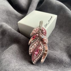 Handmade Embroidered brooch pink feather made of pearls and crystals