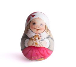 Roly poly doll cute winter girl with kitten Weeble wobble Xmas gift ding dong kids nursery decor collectible wooden toys