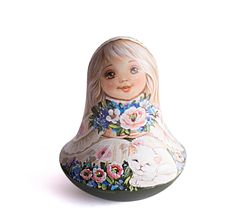 Roly poly doll cute spring girl with kitten Weeble wobble Xmas gift ding dong kids nursery decor collectible wooden toys