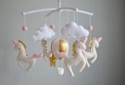 Baby mobile girl with magic Unicorns,Gold hot air balloon ,clouds and stars Nursery decor and Best baby shower gift
