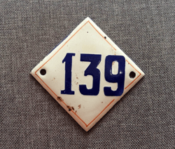 Rhomb enamel metal number sign 139 - address door number plate vintage