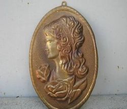 Vintage young woman picture wall brass decor, Pretty girl image Soviet old chasing