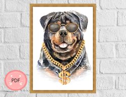 Rottweiler Dog Cross Stitch Pattern, Rottweiler Dog With Chain Necklace, Pdf , Instant Download , Animal X Stitch Chart