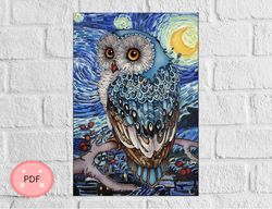 Owl Cross Stitch Pattern , The Starry Night , Pdf Instant Download , X Stitch Chart, Van Gogh