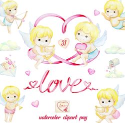 Watercolor Cupid Clipart, Valentines Day Love Graphics, Baby Angel Cupid Angel Illustration, Digital Download, PNG