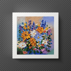 Oil Painting Bright Flowers Chamomile Sunflowers Impasto Art Miniature 6 x 6 Inches Small Wall Art Exquisite Painting