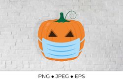 Masked pumpkin Jack-o-Lantern. Pandemic Covid Halloween