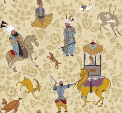Themed Fabric, Fabric with Animal and People Printed Fabric, Linen and Viscose Fabric, Oriental Fabric