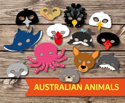 Australian animal masks, dolphin, shark, stingray, whale, pelican, black swan, seagull, red-tailed black cockatoo, kanga