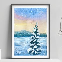 Small watercolor landscape, Original postcard, Snow tree painting