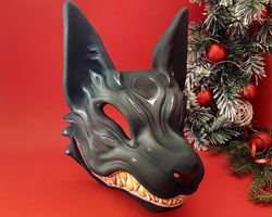 Japanese Kitsune mask, Black and Silver fox mask, MADE TO ORDER, Kitsune Cosplay, Fox demon mask, Wolf mask