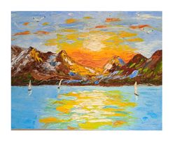 Sunset at Sea Seascape Sailboats at Sunset Orange Sunset Original Painting Small Painting Seashore 7x9.5 inches