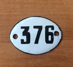 Small enamel metal door number sign 376 vintage