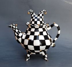 Art teapot Black and white cage Wonderland style Porcelain handmade teapot Tea party Whimsical sculpture Painted