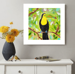 Painting with a tropical Toucan Bird Original Art Exotic Bird Wall Art Wall Painting with birds canvas 7.9x7.9 inches