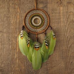 Green Dream Catcher,  Feathers Wall Hanging, Bohemian Bedroom Decor, Boho Nursery Decor, Native Americans Dreamcatcher