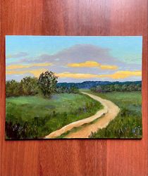 Original Oil Painting Canvas Forest path tree Landscape Art Hand Painted