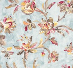 Floral Fabric, Fabric with Blooming Flowers, Linen and Viscose Fabric, Botanical Fabric, Duck Egg Floral Fabric