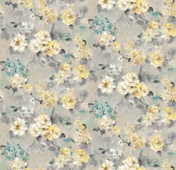 Floral Fabric, Fabric with Blooming Flowers, Linen and Viscose Fabric, Botanical Fabric, Mustard Floral Fabric