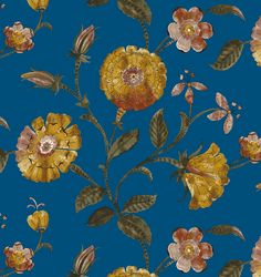 Floral Fabric, Blooming Fabric, Botanical Fabric, Upholstery Fabric, Fabric for Curtains, Blue and Yellow Floral Fabric