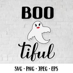 Bootiful (Boo-tiful) lettering. Funny Halloween quote. Cute ghost