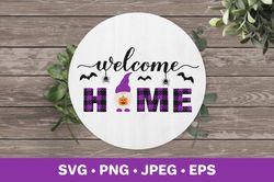 Welcome home sign SVG.  Gnome holding Halloween pumpkin