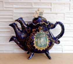 Three spout teapot Wonderland Porcelain teapot Mad Tea Party Cobalt blue Whimsical teapot Hand painting Art teapot