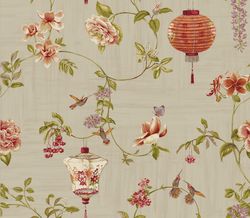 Floral Fabric, Fabric with Chinese Lanterns, Birds, Butterfilies, Roses, Cotton Floral Fabric, Botanical Fabric