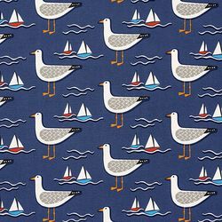 Seagulls Fabric, Fabric with Seagulls and Boats, Nautical Fabric, Maritime Cotton Fabric