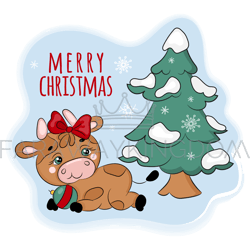 COZY BULL UNDER THE CHRISTMAS TREE Cartoon Vector Illustration