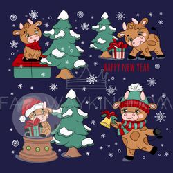 CUTE BULL CHRISTMAS TREE GIFT BELL Vector Illustration Set