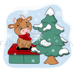 CUTE BULL WITH GIFT AND CHRISTMAS TREE Vector Illustration Set