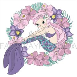 CUTIE Mermaid Princess Wreath Tropical Vector Illustration Set