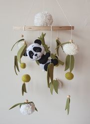 Panda baby mobile, pompon mobile, panda nursery decor, neutral nursery