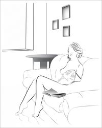 Monochrome poster. Digital art. Poster with a girl sitting in a room on the couch. Paintings for the interior