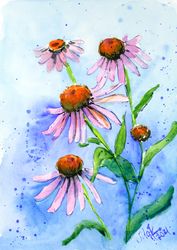 Echinacea Painting Floral Original Watrcolor Coneflower Painting Flower Artwork 12x8