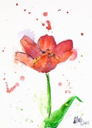 Red Tulip Watercolor Small Floral Original Painting Tiny Flower Artwork 8x6''