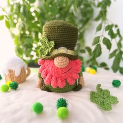 Crochet Gnome Pattern St. Patrick's Day, amigurumi gnomes toy, DIY irish gnome with beer, pattern by CrochetToysForKids