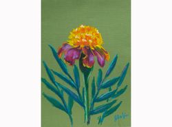 Marigold Painting Floral Original Art October Birth Month Flower Oil Pastel Artwork 12x8''