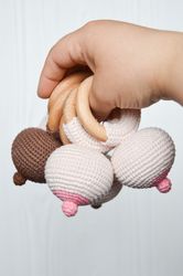 Crochet boob baby rattle, boobie rattle for babies, little fake boobs, baby shower party