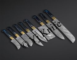 Custom Hand Forged, Damascus Steel Chef Knife Set, Kitchen Knife Set of 8 Pieces, With Leather Sheath Roll, Gift For Him