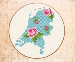 Netherlands cross stitch pattern Modern cross stitch Floral map cross stitch Country Instant download Geometric xstitch