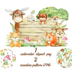Woodland animals watercolor clipart, forest animals clip art, nursery decor. Digital Papers