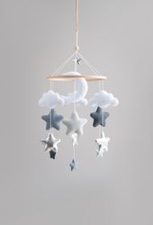 Mobile nursery moon and silver star, cloud nursery mobile, mom to be gift