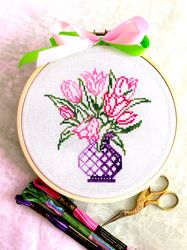 VARIEGATED TULIPS IN A VASE cross stitch pattern PDF by CrossStitchingForFun Instant Download TULIPS  cross stitch chart