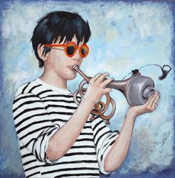 Portrait Musician Original Art Acrylic Painting Portrait of a young trumpeter Painting Canvas Wall Art