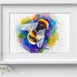 Watercolor bumblebee painting, watercolour bees painting flowers original art by Anne Gorywine