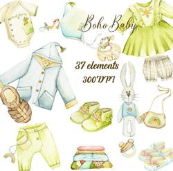 Watercolor nursery Clipart. Baby Clothes watercolor collection. Boy, girl Accessories. Baby Shower, newborn PNG. Booties