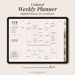 Undated Digital Weekly planner, Weekly planner PDF, Planner for Goodnotes, ipad planner, Sunday Monday, Week on 1 page