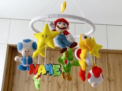 Super Mario crib personalised baby nursery mobile Mario Bros unique handmade baby mobile Nintendo